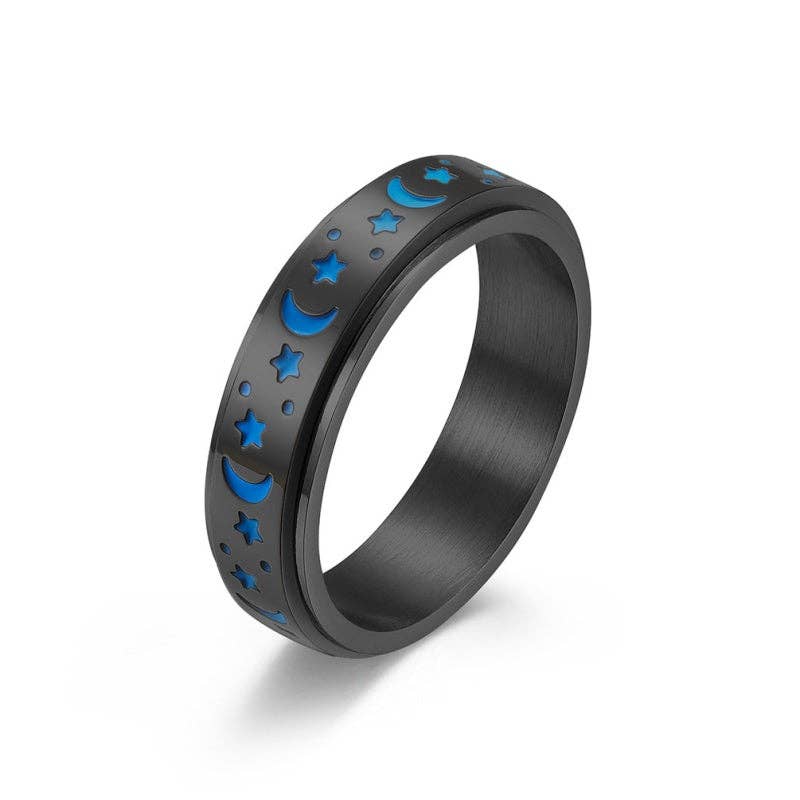 Luminous Moon Star Fidget Spinner Ring in Stainless Steel: Luminous Black / 4 US