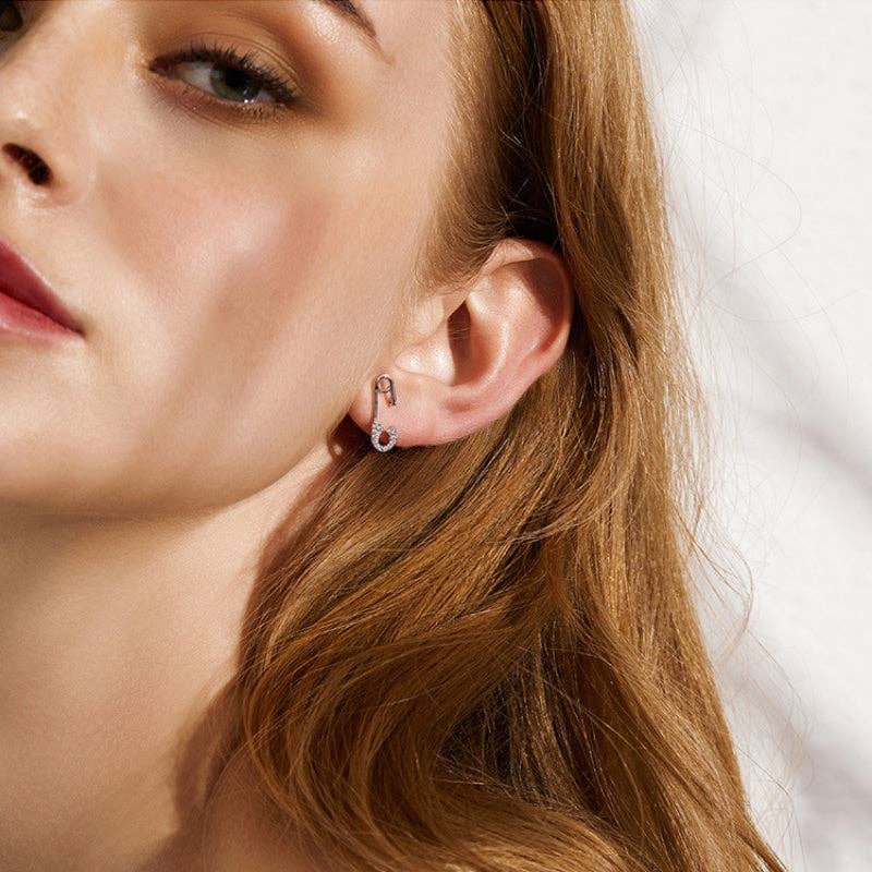 Punk Pave CZ Paperclip Stud Earrings in 925 Sterling Silver