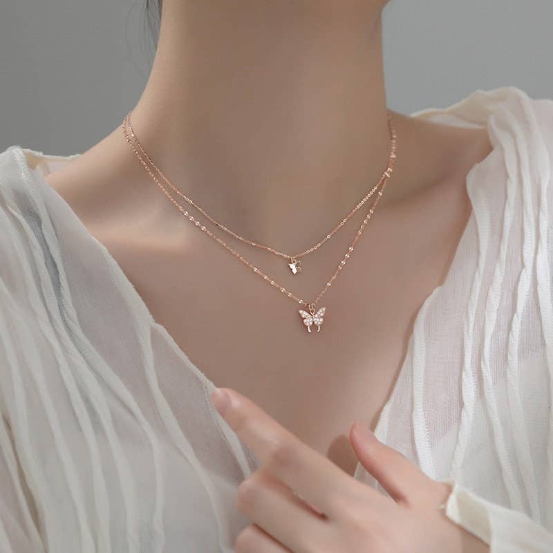 Butterfly Double Layering Necklace in 925 Sterling Silver: Silver