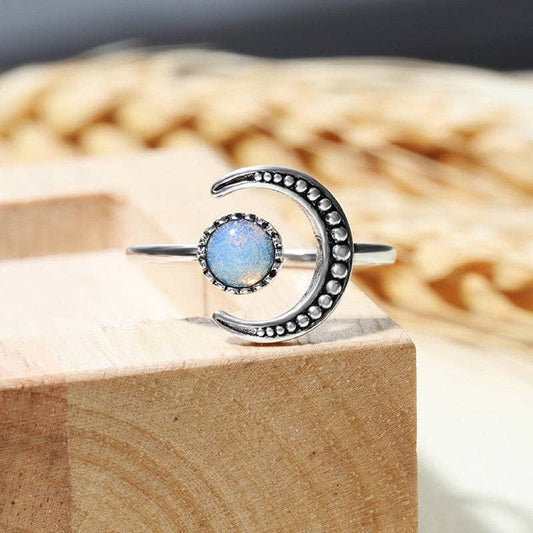Dainty Moonstone Sun Moon Star Stacking Ring in Solid Copper: Silver