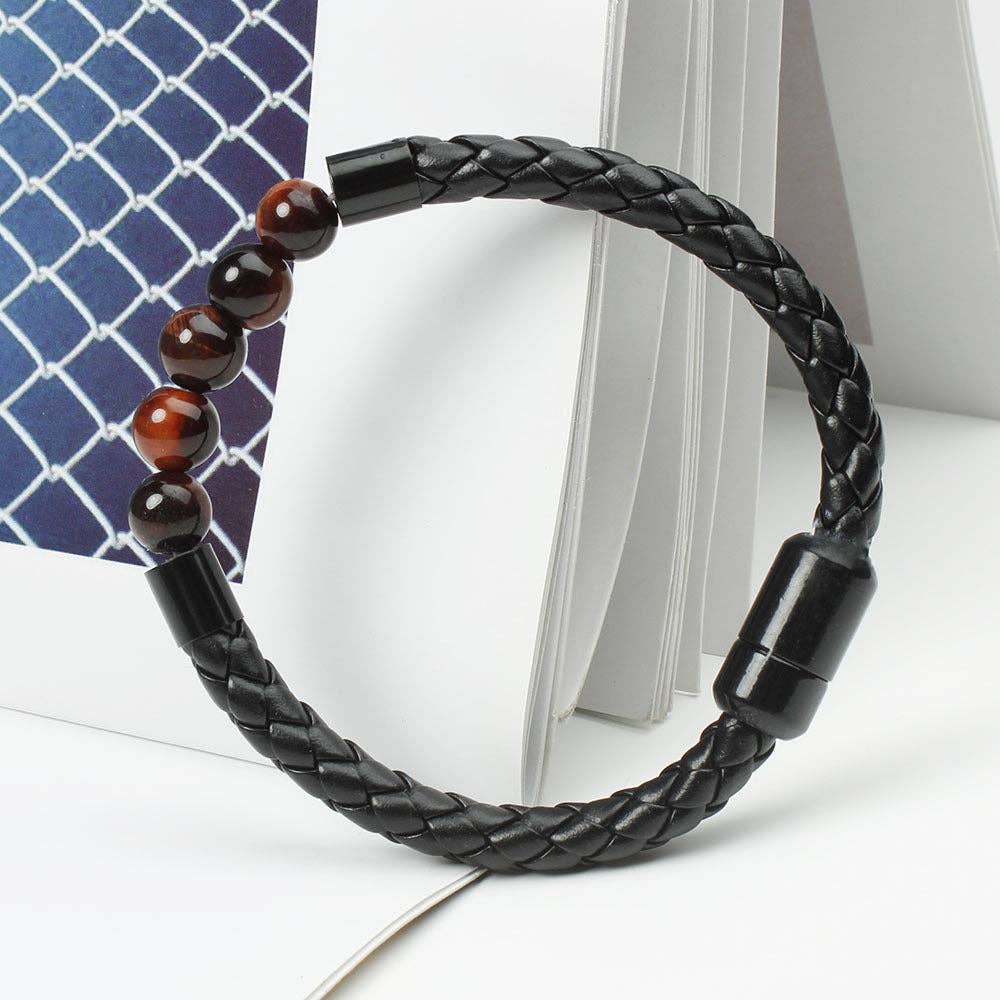 Natural Crystal Stone Bead Leather Bracelet in PU Leather: Lava