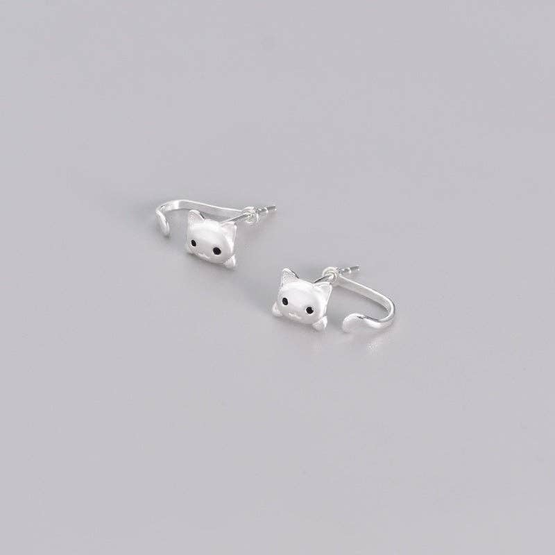 Kitty Cat Tail Ear Jacket Earrings in 925 Sterling Silver: Push back
