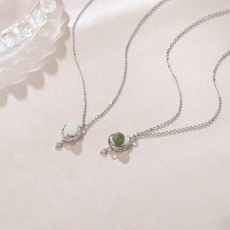 Jade Moon Star Planet Saturn Necklace in 925 Sterling Silver: Silver/Green Jade