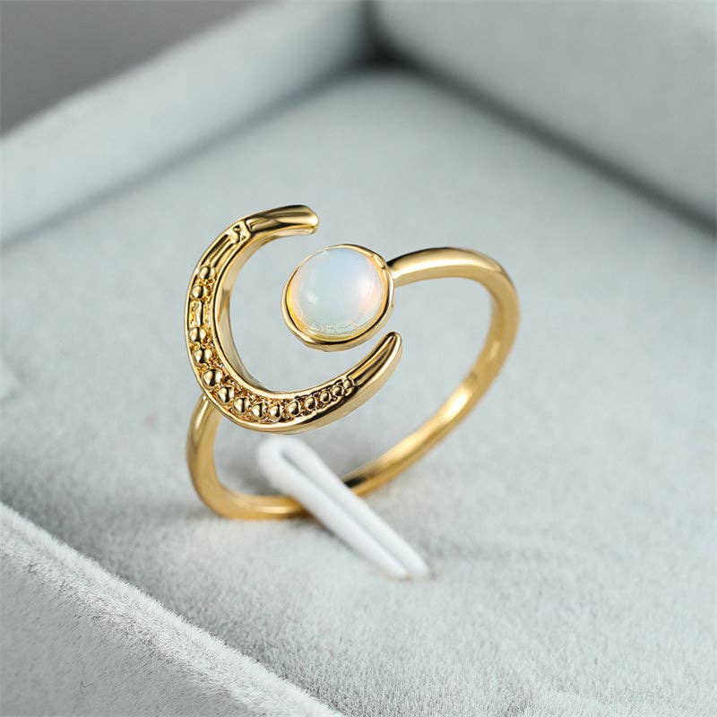 Dainty Moonstone Sun Moon Star Stacking Ring in Solid Copper: Silver