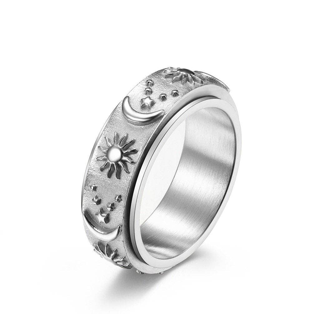 Sun Moon Star Fidget Spinner Band Ring in Stainless Steel: Silver/With Engrave / 6 US