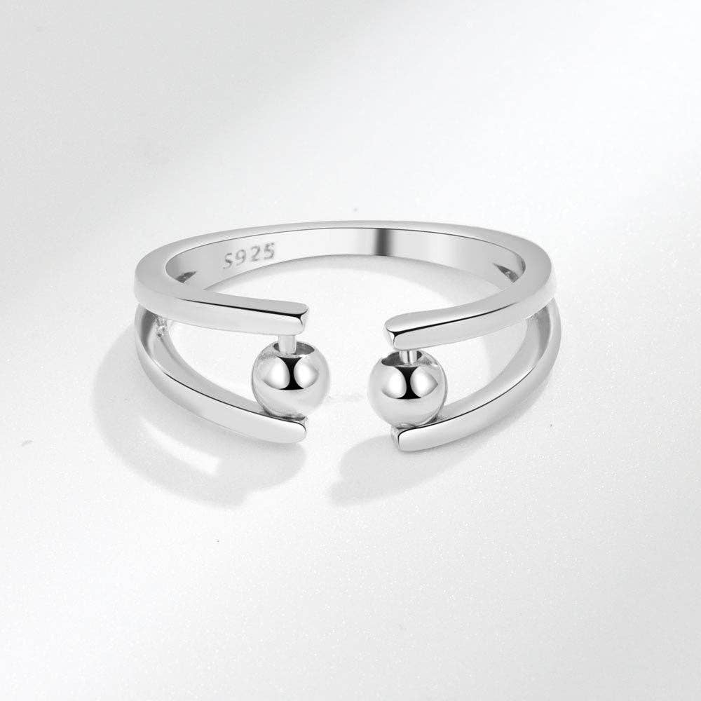 Round Beads Anxiety Fidget Spinner Ring in Solid Copper: Silver