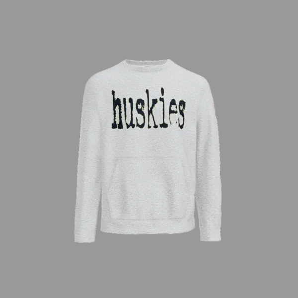 Gray sweatshirt with 'huskies' text on a white background
