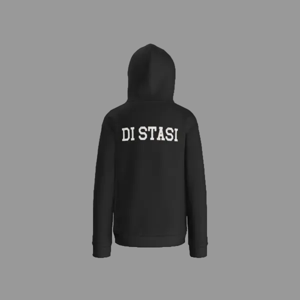 Black hoodie with 'DI STASI' text on the back against a white background